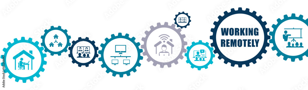 Working remotely vector illustration with icons of work from home, screen sharing, remote connection, video conference, outsource employee, video meeting, teamwork meeting on white background Working remotely vector illustration with icons of work from home, screen sharing, remote connection, video conference, outsource employee, video meeting, teamwork meeting on white background