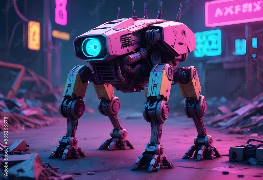very cute four leg robot with heavy legd, pink lights, in a cyberpunk sci-fi junk dump very cute four leg robot with heavy legd, pink lights, in a cyberpunk sci-fi junk dump