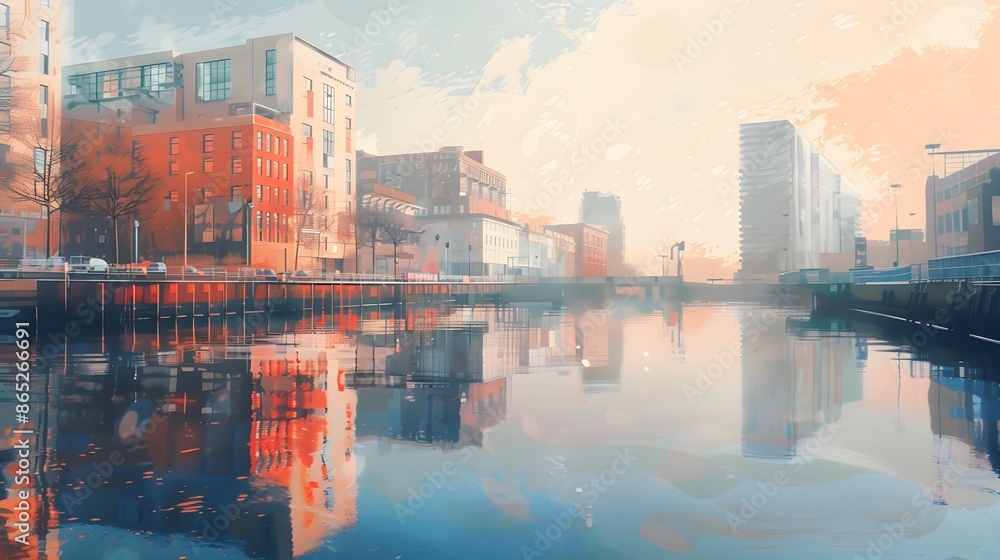 Pastel Cityscape Reflected in Calm River,Blending Urban Tranquility Pastel Cityscape Reflected in Calm River,Blending Urban Tranquility