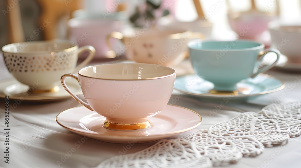 Elegant Pastel Teacups and Saucers on Lace Tablecloth - Vintage Hospitality Scene Elegant Pastel Teacups and Saucers on Lace Tablecloth - Vintage Hospitality Scene