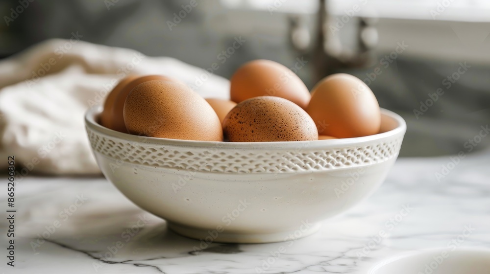 Brown farm eggs placed in a white bowl Brown farm eggs placed in a white bowl
