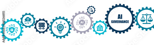 AI governance banner vector illustration with icon of artificial intelligence, AI policy, ensuring responsibility, ethical user, accountability, bias, privacy of AI system on white background.