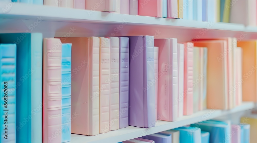 Fototapeta premium Pastel-Toned Books Neatly Arranged on a Minimalist White Bookshelf