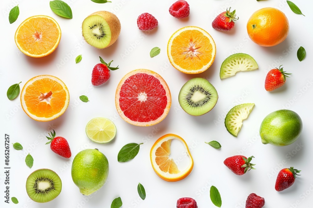 Fruit mix of freshness and health, with high vitamin and mineral content, isolated on a tropical background. Fruit mix of freshness and health, with high vitamin and mineral content, isolated on a tropical background.