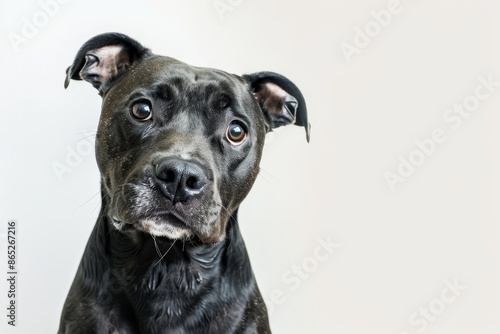 A cute fluffy portrait smile of a Staffy dog looking at camera isolated on a clear PNG background. This is a picture of a funny moment, lovely dog, and pet.