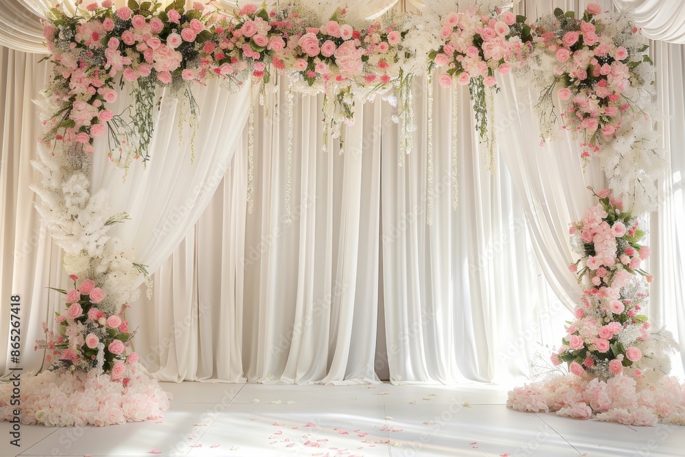 An empty garden setting for a wedding ceremony with flower bouquets, beautiful outdoor and open air event. An empty garden setting for a wedding ceremony with flower bouquets, beautiful outdoor and open air event.