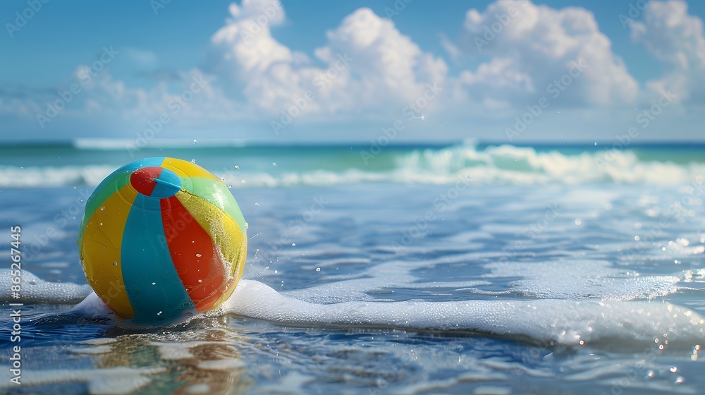 Floating Beach Ball in Ocean: A colorful beach ball floating on gentle ocean waves, with a tropical beach in the background.
Floating Beach Ball in Ocean: A colorful beach ball floating on gentle ocean waves, with a tropical beach in the background.