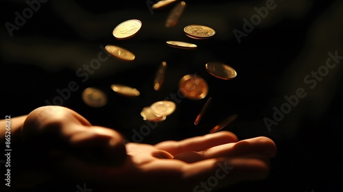 Floating Coins Above Hand: Coins floating above an outstretched hand, captured mid-air with motion blur and a rich, dark background. 