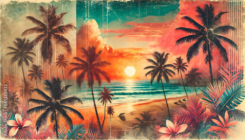 Creative summer collage that combines brilliant tropical colors and textures with vintage charm, with palm trees and beach scenes in tones of sunset