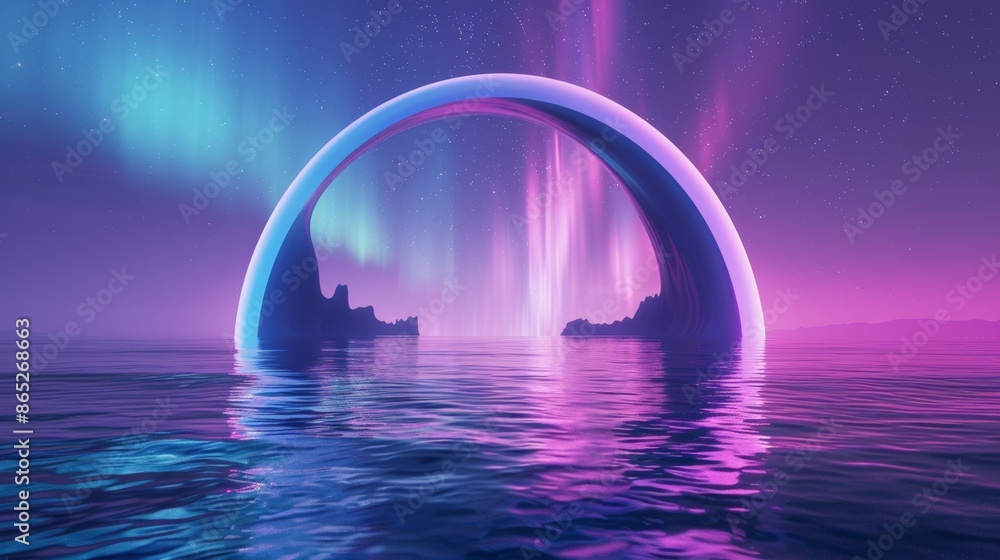 Surreal landscape metallic arch portal with neon light on water surface and dark sky background, 3D rendering. Surreal landscape metallic arch portal with neon light on water surface and dark sky background, 3D rendering.