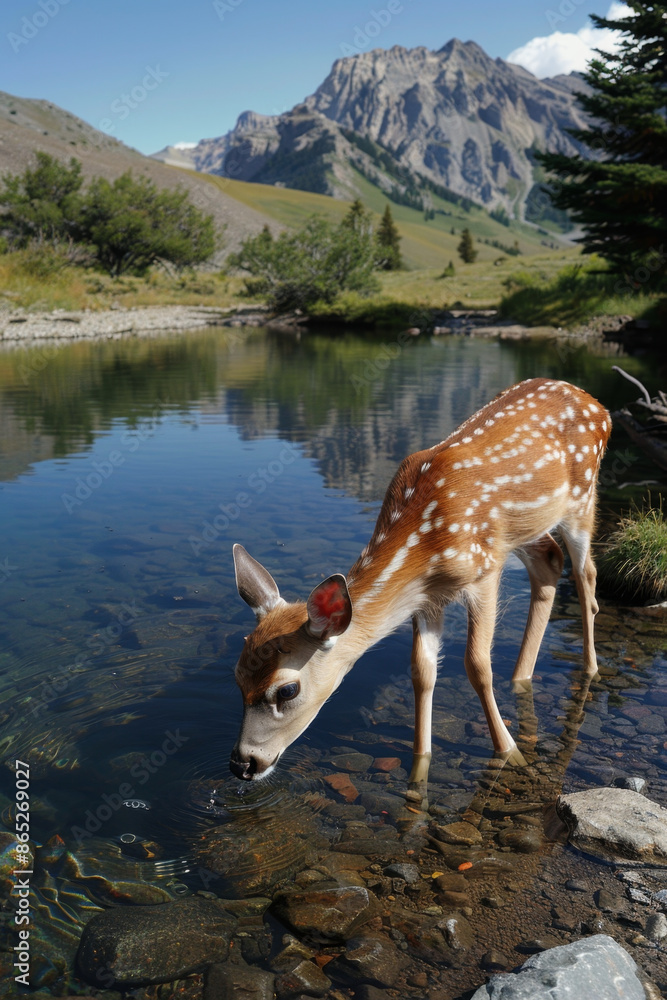 Mesmerizing view of young deer drinking from serene mountain lake. Mesmerizing view of young deer drinking from serene mountain lake.