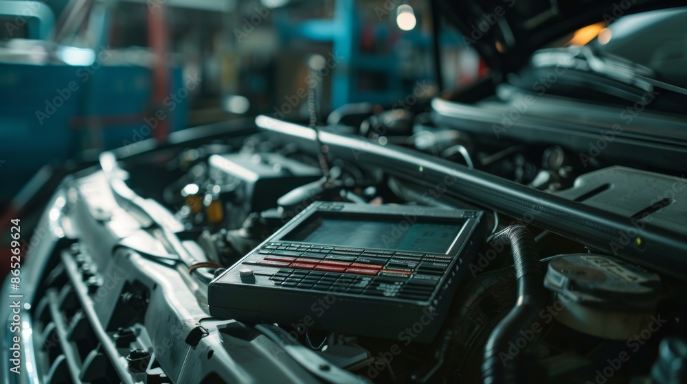 For the purpose of repairing or maintaining an SUV type vehicle, an OBDII scanner or dealership level diagnostic tool is used in the open engine bay. For the purpose of repairing or maintaining an SUV type vehicle, an OBDII scanner or dealership level diagnostic tool is used in the open engine bay.