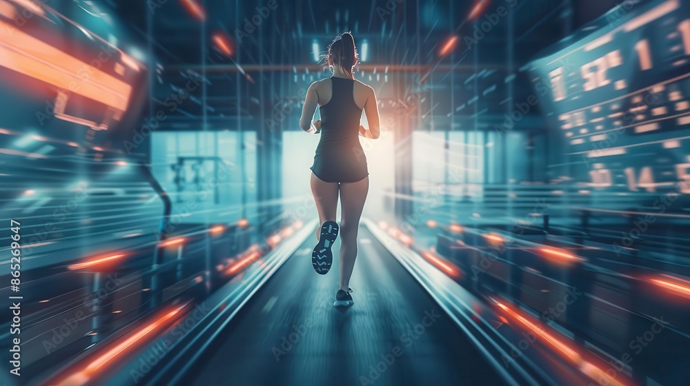 A woman runs on a treadmill in a futuristic setting. A woman runs on a treadmill in a futuristic setting.