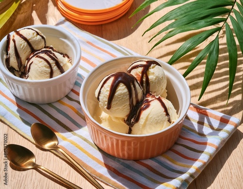 Vanilla ice cream with chocolate icing. Summer dessert

 photo