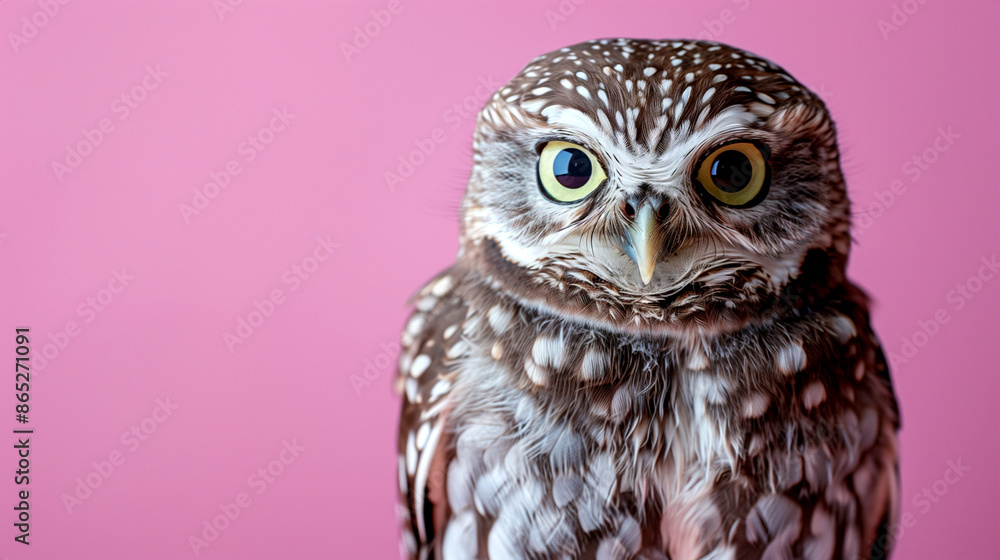 Obraz premium A curious owl with wide eyes and head slightly tilted, against a soft purple background, positioned on the right side with the left side empty.