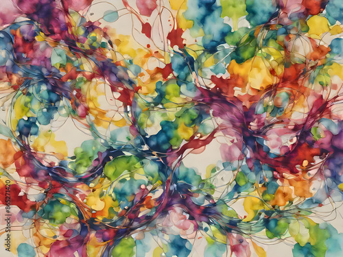 A colorful abstract painting with splatters of paint in various colors