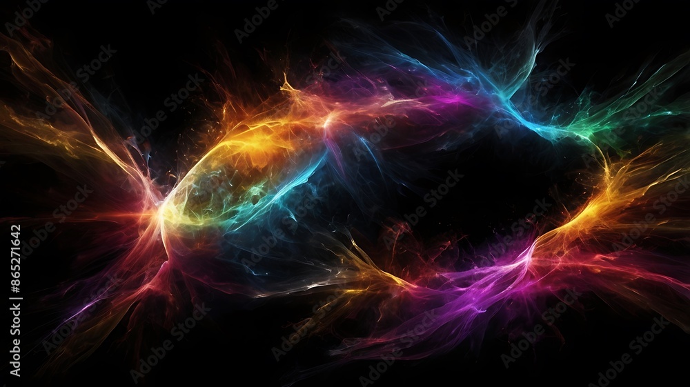 Obraz premium Beautiful colorful lights design in randoms ways and shapes in a black dark background, rainbow color rays of light background futuristic wallpaper