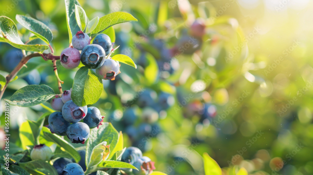 Harvest of bushes with ripe blueberries on branches in the rays of sunlight. Harvest of bushes with ripe blueberries on branches in the rays of sunlight.
