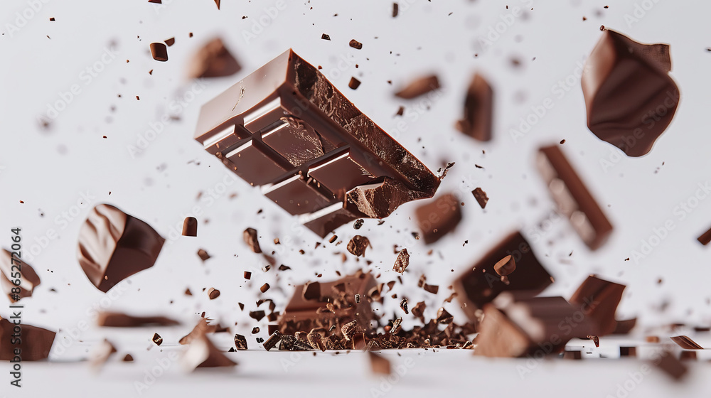 Broken pieces of chocolate bar falling against a white background. Broken pieces of chocolate bar falling against a white background.