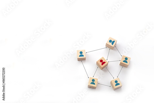 People icon on wooden block with connection line symbol. Leadership, coordination, teamwork, social connections and communication network.