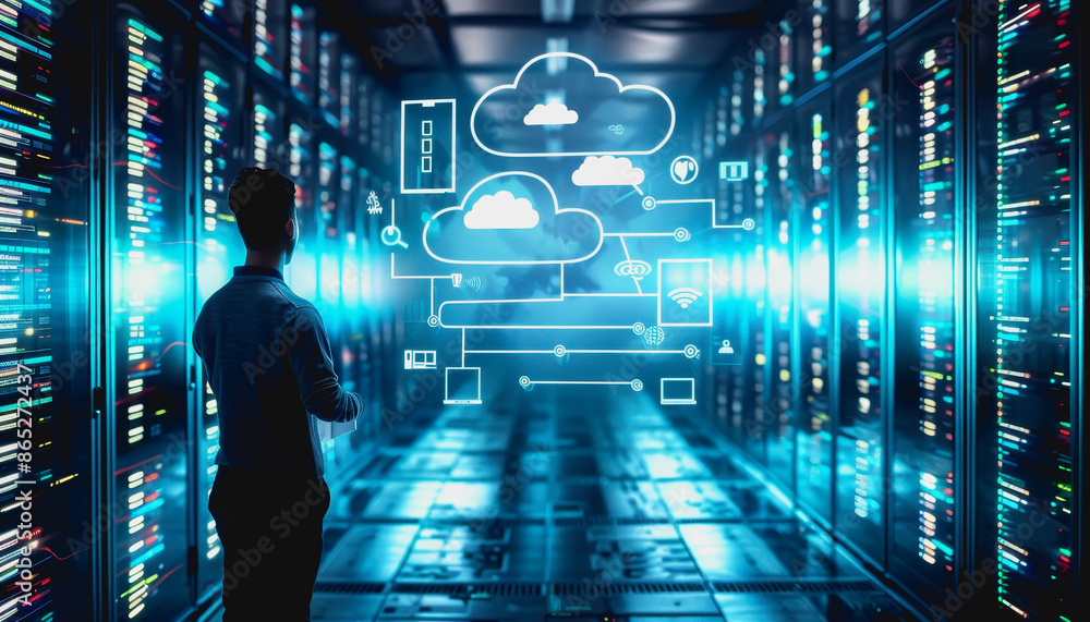 Person interacting with futuristic cloud interface surrounded by digital icons. Person interacting with futuristic cloud interface surrounded by digital icons.