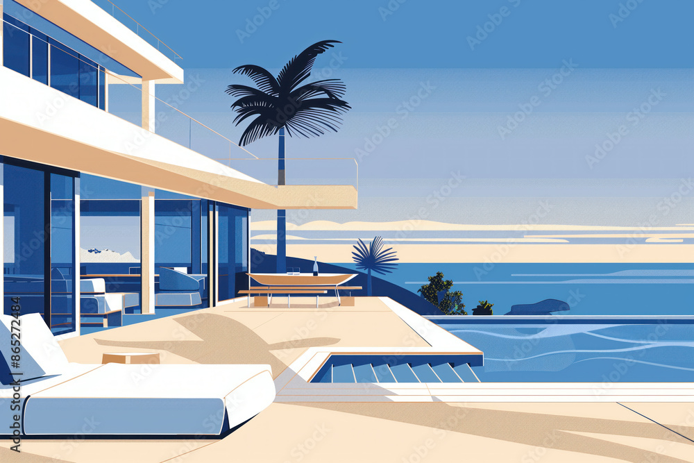 Modern beach house with glass facade, balcony, pool and palm tree ...