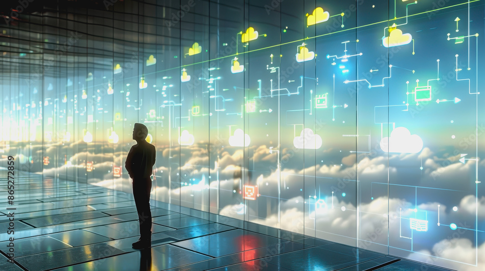 Person using holographic cloud interface in high-tech data center Person using holographic cloud interface in high-tech data center