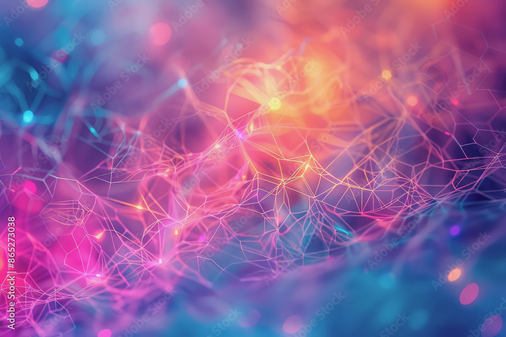 Obraz premium Abstract futuristic wave with colorful lines connecting dots. digital data communication background.