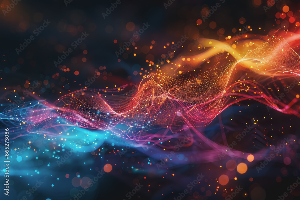 Abstract futuristic wave with colorful lines connecting dots. digital data communication background. Abstract futuristic wave with colorful lines connecting dots. digital data communication background.