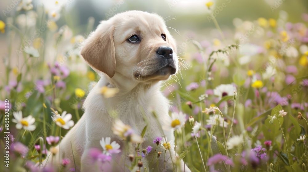 Puppy playing with wildflowers in a meadow