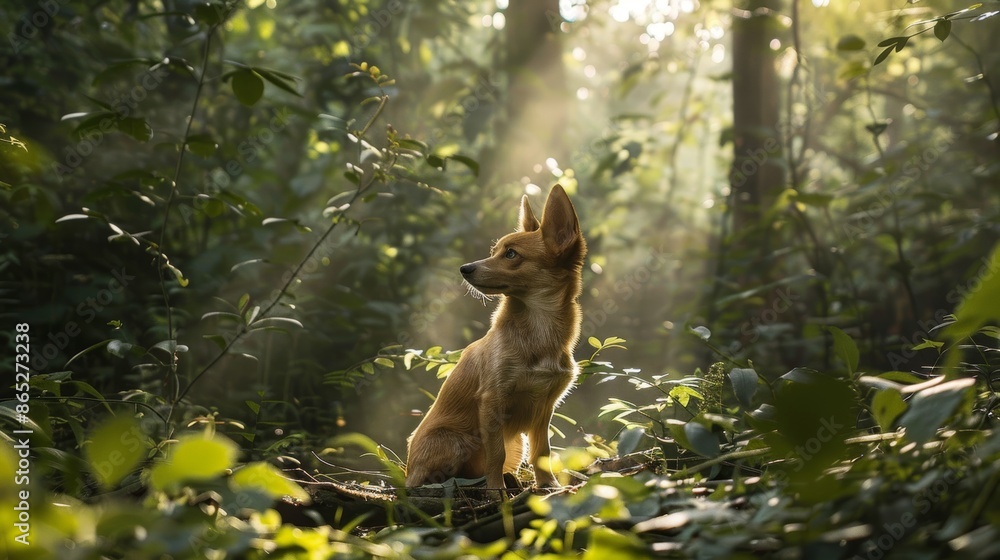 Obraz premium Dog exploring a lush forest with sunlight breaking through
