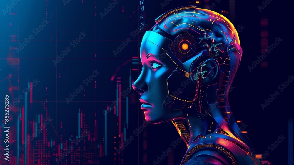 A robot trader works on the stock exchange using artificial intelligence. Face of artificial intelligence with a mind looking at information on trading charts. Neural networks analysis finance A robot trader works on the stock exchange using artificial intelligence. Face of artificial intelligence with a mind looking at information on trading charts. Neural networks analysis finance