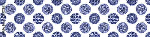 Indigo blue Japanese dot block print effect border. Seamless hand made vector design for fabric batik washi tape and faded fashion edging. 