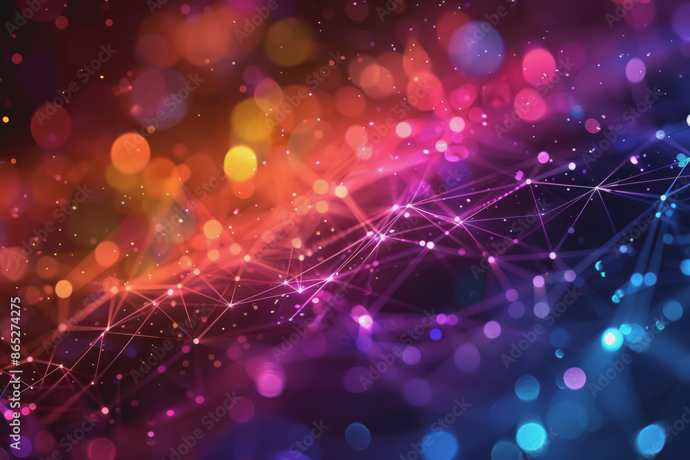 Fototapeta premium Abstract futuristic wave with colorful lines connecting dots. digital data communication background.