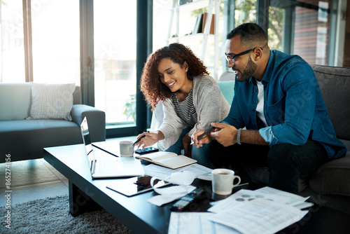 Valokuva House, couple and documents for budget, laptop and planning for invoice, savings and home loan