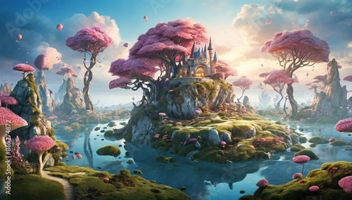 Unique art: morning on wonderland. Fantasy world. Can be used for Canvas printing or room decoration. photo