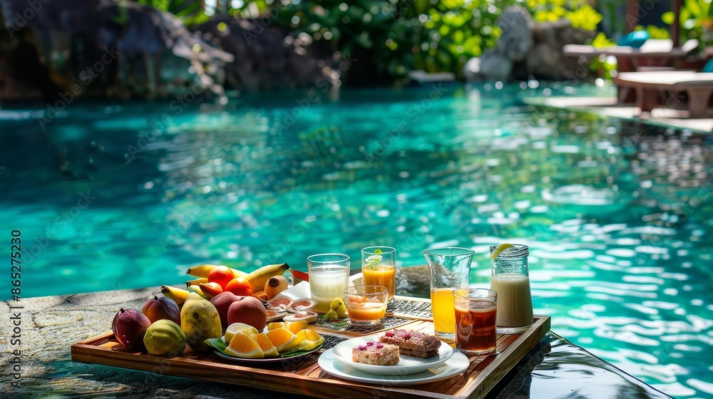 Indulge in a tropical paradise with a floating breakfast in a serene pool. Relax and enjoy a delectable spread of healthy bites and fresh fruit, surrounded by the tranquil waters Indulge in a tropical paradise with a floating breakfast in a serene pool. Relax and enjoy a delectable spread of healthy bites and fresh fruit, surrounded by the tranquil waters