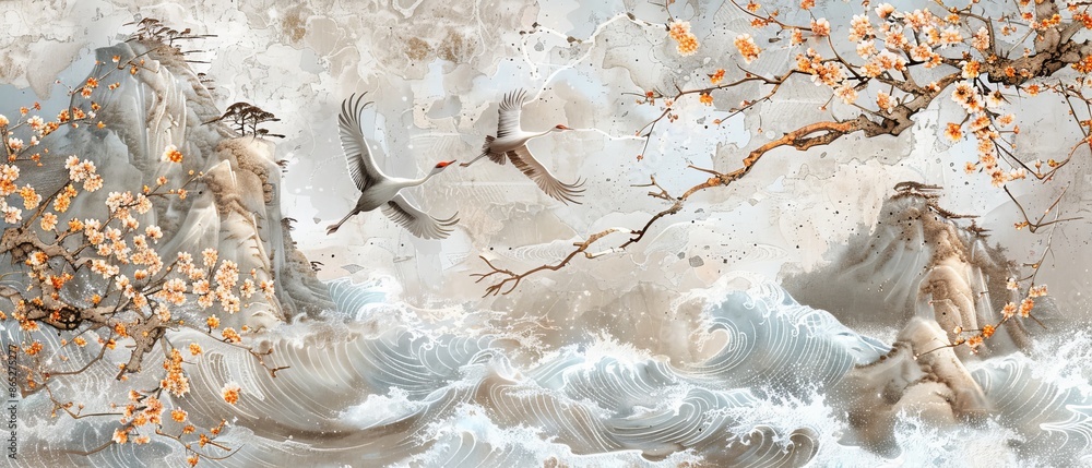 Modern crane birds. Japanese background with watercolor texture painting. Oriental natural wave pattern in vintage style and a hand drawn wave sea banner design. A floral pattern element embellishes Modern crane birds. Japanese background with watercolor texture painting. Oriental natural wave pattern in vintage style and a hand drawn wave sea banner design. A floral pattern element embellishes