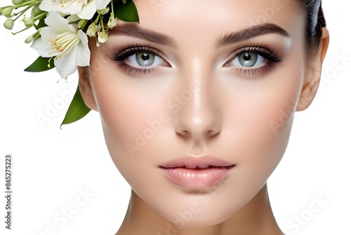 Beautiful nice female face with health skin - white background 