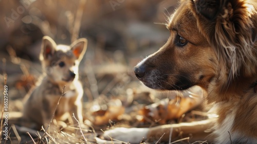 Dog looking curiously at a small animal in the wild photo