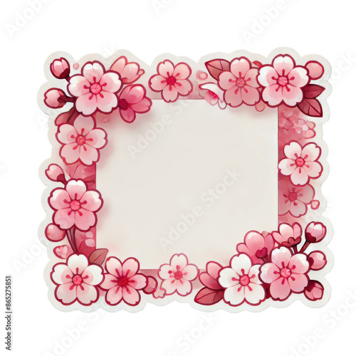 Floral Frame with Pink Cherry Blossom Flowers and Leaves