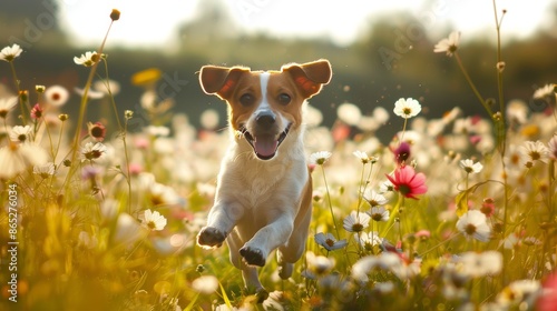Dog running playfully through a meadow of wildflowers
