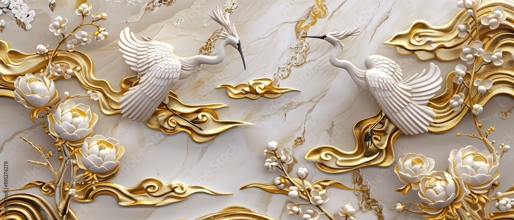 A gold peony flower pattern with a hand drawn illustration in vintage style is placed between crane birds and chinese clouds. Oriental flora banner with a gold peony flower pattern. A gold peony flower pattern with a hand drawn illustration in vintage style is placed between crane birds and chinese clouds. Oriental flora banner with a gold peony flower pattern.