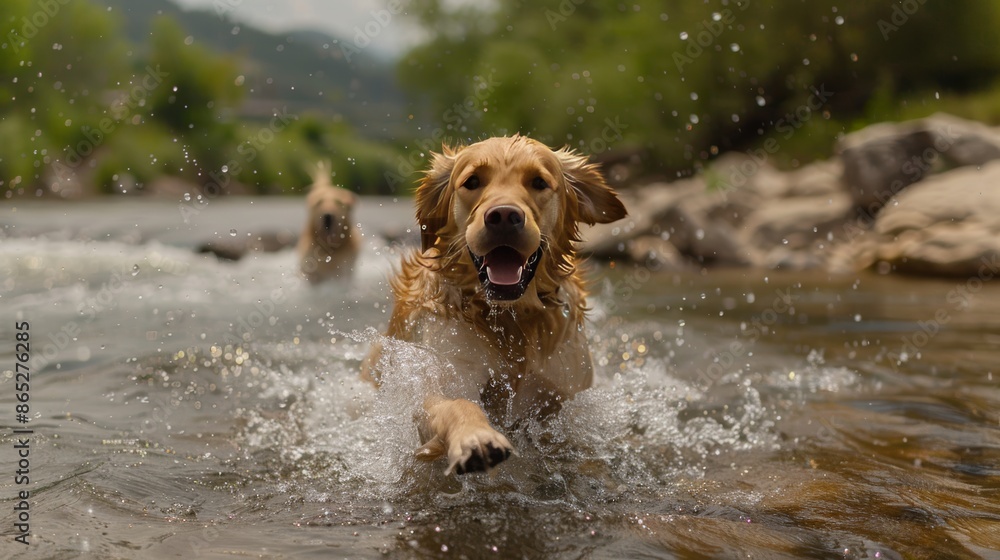 Dog splashing in a shallow river, having a blast Dog splashing in a shallow river, having a blast