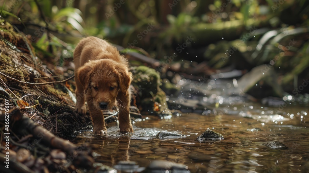 Puppy curiously exploring a woodland stream Puppy curiously exploring a woodland stream