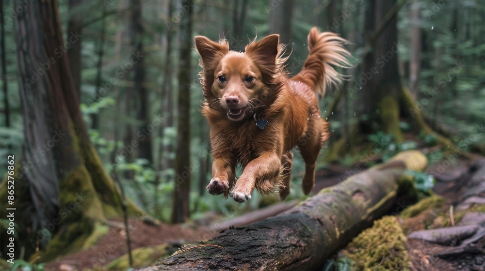 Naklejka premium Dog jumping over a log on a forest trail