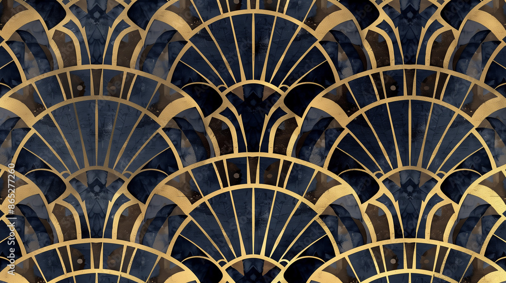 A deep navy and gold art deco pattern wallpaper, with each geometric design outlined in shimmering metallic foil for a glamorous touch. A deep navy and gold art deco pattern wallpaper, with each geometric design outlined in shimmering metallic foil for a glamorous touch.