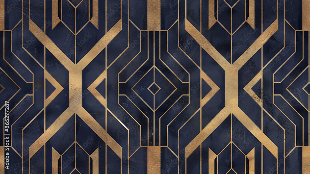 A deep navy and gold art deco pattern wallpaper, with each geometric design outlined in shimmering metallic foil for a glamorous touch. A deep navy and gold art deco pattern wallpaper, with each geometric design outlined in shimmering metallic foil for a glamorous touch.