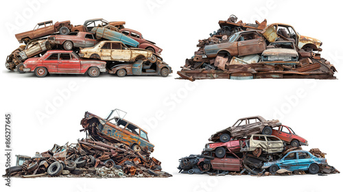 side view on set of junkyard dump piles with cars and metal scrap on white background
