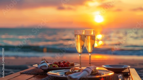 omantic beachside meal under the sunset. A lavish meal and bubbly are served at a table for two on a honeymoon in a restaurant overlooking the sea. Summer romance, romantic getaway idea photo